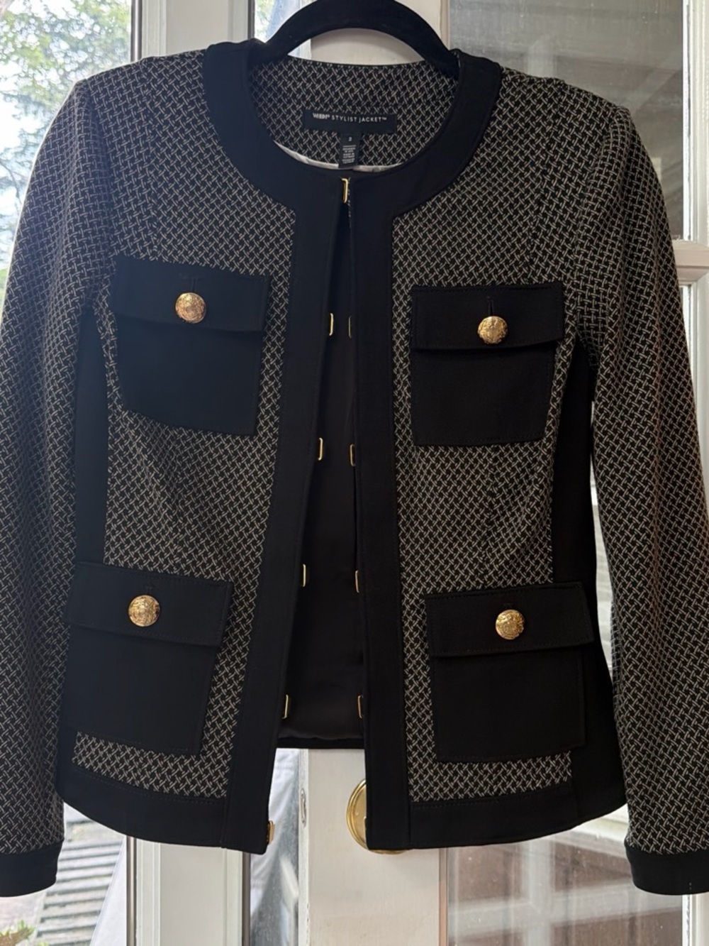 White House Black Market Black and Gray Textured Pocket Blazer with Gold Buttons